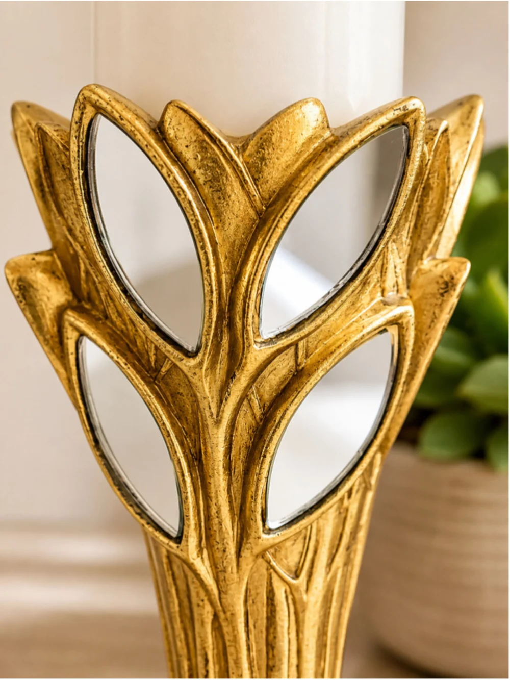 Gaia Gold Candle Holder Set with Mirrored Glass Leaf – 14”